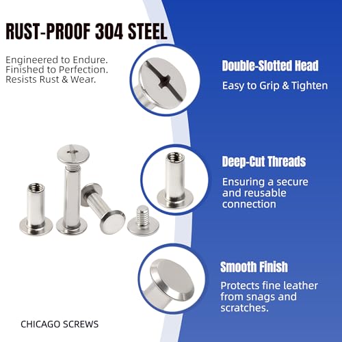 115 Sets Chicago Screws Kit for Leather Crafts, 304 Stainless Steel Binding Screws Rivet, 8 Sizes (M5x4/5/6/8/10/12/15/20mm) Binding Post with Tools (Silver) - color: Silver