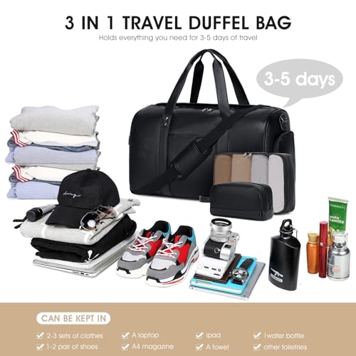 3PCS Faux Leather Weekender Bag for Women Men Travel Bag Overnight Bags | Leather Travel Duffel Bags for Traveling with Shoe Compartment Toiletry Packing Cube Carry On Tote Bag Men Fit 21.5" Laptop - color: Black