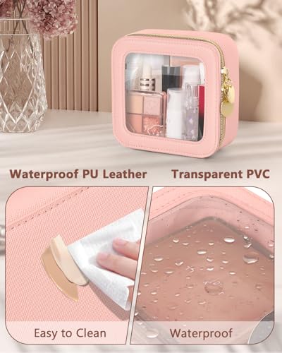 Soimeat Clear Makeup Bag, Portable Travel Cosmetic Bags, Multipurpose Leather Toiletry Bag with Zipper, Waterproof Transparent Cosmetic Organizer for Women, Mini, Pink - color: Pink, size: Mini