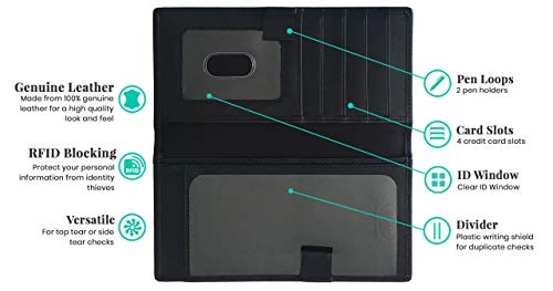 RFID Leather Checkbook Cover With Credit Card Slots and Pen Holder - color: Black