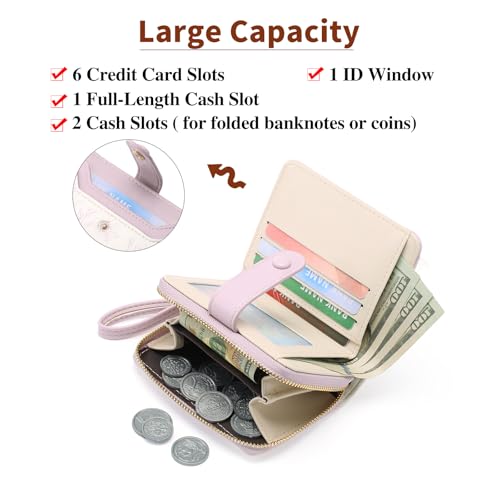 GAEKEAO Small Wallet for Women Leather RFID Blocking Bifold Zipper Pocket Credit Card Holder Purse Wallets with ID Window - color: Purple & White