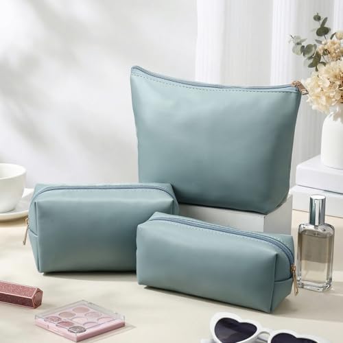 Kigeli 3 Piece Leather Makeup Bag Set Graduation Women Gifts PU Leather Makeup Toiletry Bag Bridesmaid Cosmetic Pouch Small Aesthetic Travel Purse for Wedding Birthday Women Gifts(Blue) - color: blue