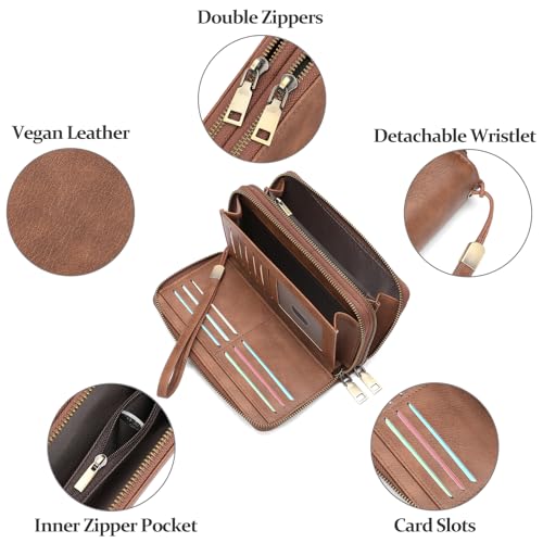 GOIACII Wristlet Wallets for Women 2 Zip Around Ladies Clutch Brown - color: Brown
