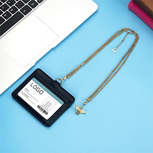Horizontal Leather ID Badge Holder, Fashion & Novelty Bee Metal Detachable Neck Lanyard, Student ID & Work Card Badge Holder with 1 Clear ID Window & 1 Credit Card Slot (Black) - color: Black, size: Horizontal