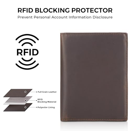 Polare Leather Passport Holder RFID Blocking Travel Bifold Wallet - color: Dark Brown with AirTag Slot