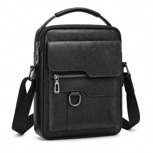 Crossbody Bag for Men, PU Leather Shoulder Messenger Bag with Handle - color: Black