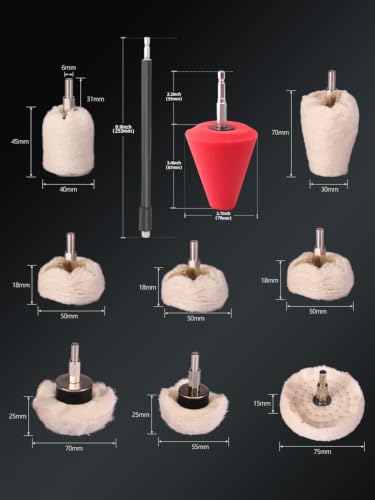 Polishing Wheel, SPTA 9Pcs Polishing Mop Head, Foam Ball Buster Wheel and Rim Polisher System Attaches to Drill for Metal Aluminum,Stainless Steel,Chrome,Jewelry,Wood,Plastic,Ceramic,Glass,etc-PMFCRAW