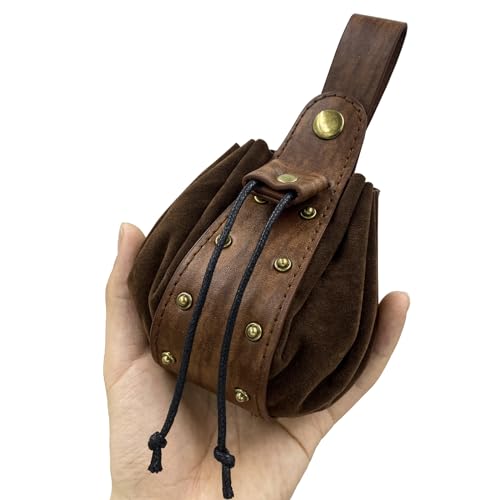 Medieval Faux Leather Drawstring Pouch Vintage Rivets Belt Pouch Coin Purse Dice Bag For LARP Ren Faire (Brown A) - color: Brown A