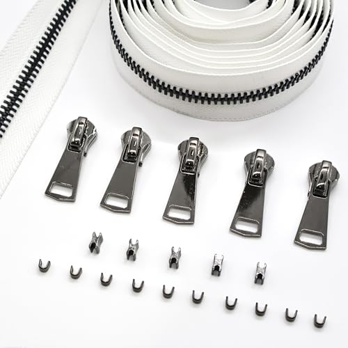 #8 Heavy Duty Metal Zipper by the Yard 3 Yards with 5 Sliders 10 Top Stops and 5 Bottom Stops for Tents Backpacks Outdoor Gear Cushion Covers DIY Pouches and Home Decor(White/Black Teeth) - color: White/Black Teeth