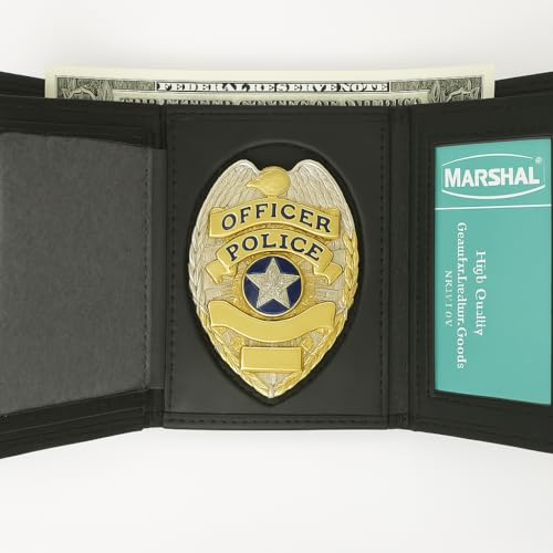 RFID Genuine Leather Trifold Badge Holder Wallet Black, Police Badge Holder