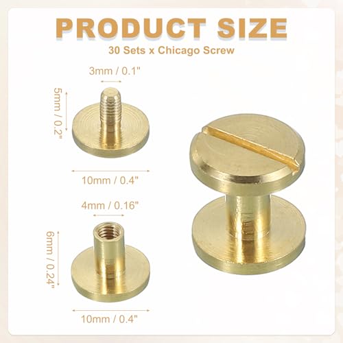 uxcell 30 Sets Chicago Screw Rivets M4x6mm Metal Phillips Head Post Nail Rivet Stud Screws Connectors for DIY Leather Belt Bag Craft Bookbinding, Brass - size: M4x6mm