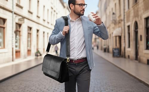 Genuine Leather Messenger Bag - Crossbody Briefcase Satchel Bag for Men & Women - Office, Work, Travel & Daily Use - color: Black (Strap)