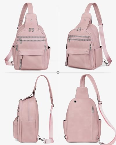 Large Sling Bag for Women, Designer 10L Leather Crossbody Purse | Anti Theft Sling Backpack, RFID Fanny Packs for Travel, Ideal for Vacation Walking Daily Errands - color: Pink Retro Style