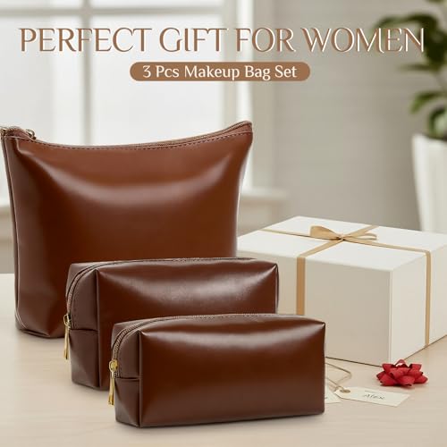 Kigeli 3 Piece Leather Makeup Bag Set Graduation Women Gifts PU Leather Makeup Toiletry Bag Bridesmaid Cosmetic Pouch Small Aesthetic Travel Purse for Wedding Birthday Women Gifts(Brown) - color: brown