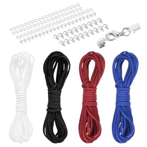 MECCANIXITY 4 Pcs Suede Cord, 5.5 Yards Flat Faux Leather Cord Soft Durable Leather String with Silver Closed-Mouth Ring Rope Clip Lobster Clasps for Art Craft, White/Red/Blue Purple/Black - color: White/Red/Blue Purple/Black