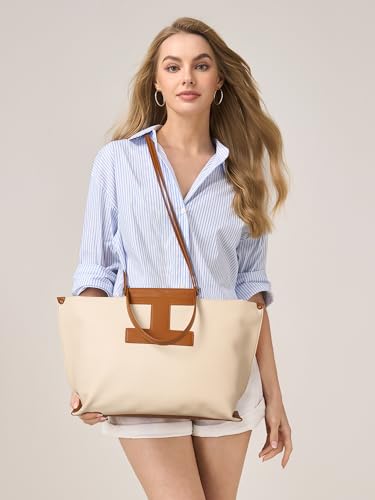 CHUNLI 15.6" Laptop Tote for Women - Lightweight Canvas-Textured Leather Work Bag, Structured Business Briefcase, Teacher - color: Beige & Brown