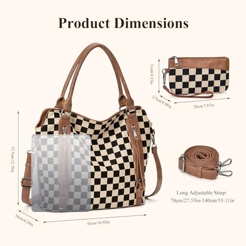 Checkered Tote Bag Large Checkered Purses for Women Plaid Hobo Shoulder Bag Multiple Pockets Tote Handbags - color: A01-brown