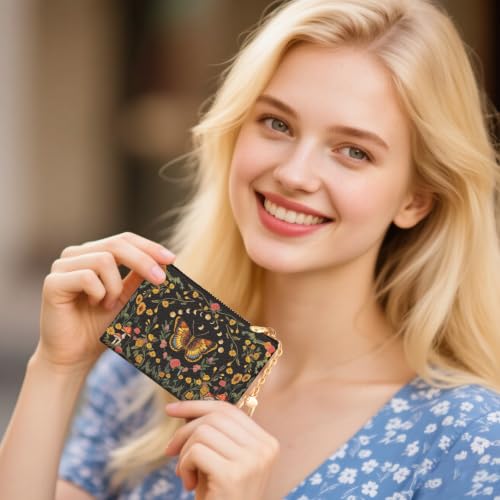 Butterfly Moon Keychain Coin Purse for Women, Small Change Pouch | Mushroom Floral Key Chain Purse, Tiny Zipper Pocket, PU Leather, Travel Wallet for Girls, Coin Holder, Key Ring, Women Gifts - color: Butterfly Moon