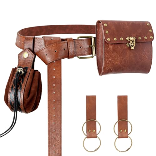 Renaissance Belt Pouch Medieval Pirate Costume Accessories Set for Cosplay | Viking Faux Leather Waist Bag, Skirt Hike Clips, Perfect for Women and Men Ren Faire, LARP, Fantasy, Halloween - color: Brown-D