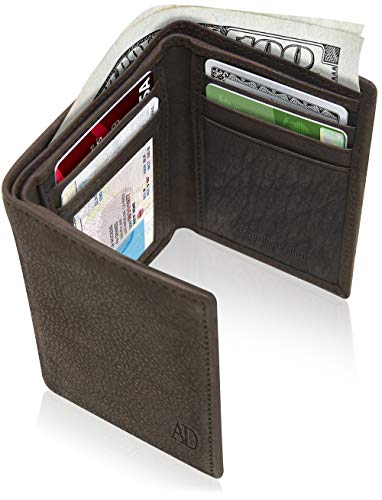 Trifold Wallets for Men - Slim RFID Blocking Wallet for Securing Personal Data - Front Pocket Friendly Genuine Leather Wallet - Mens Wallets Trifold with ID Window - Tri Fold Wallet Gifts for Men - color: Suede Brown