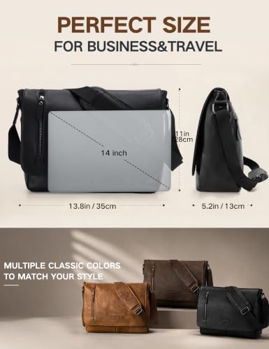 VX VONXURY Messenger Bag for Men, PU Leather Laptop Briefcase Bag for Work | Shoulder Bag for Office, Fits 14" Laptop, Vintage Satchel Bag with Padded Shoulder Strap, Padded Laptop Sleeve, Waterproof - color: 14 Inch Black-all Pu Leather