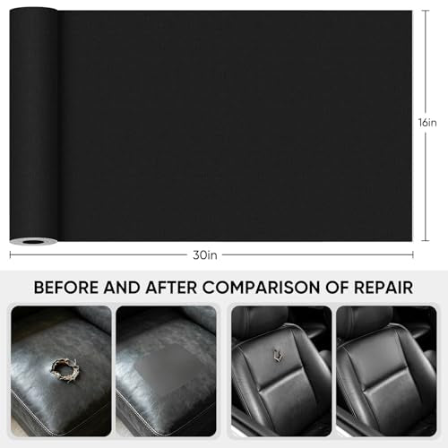 Leather Repair Tape,16 x 30 Inches Self Adhesive Leather Repair Patch，Leather Repair Kit for Furniture，Couches,Car Seats,Cabinets,Handbags(Black) - color: Black, size: 16″x 30″