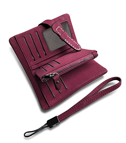 AOXONEL Women's Small Bifold Leather wallet Rfid blocking Ladies Wristlet with Card holder id window Coin Purse - color: Purple3