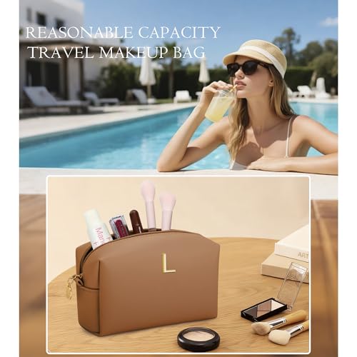 Gifts for Women Bridesmaid Gifts Initial Makeup Bag | Personalized Birthday Gift | PU Leather Cosmetic Pouch Bag | Waterproof Travel Toiletry Bag (Brown L) - color: Brown, style: L