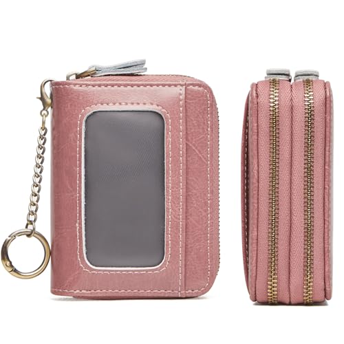 TFKGS Credit Card Holder for Women RFID Wallet Leather Womens Wallet with Zipper Blocking Keychain Card Accordion Wallets Gifts for Women Pink - color: 1-Pink