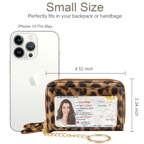 Double Zipper Card Wallet Credit Card Holder Leopard Brown Leather Small Cute Card Wallet for Women with Keychain, Leopard - color: Leopard
