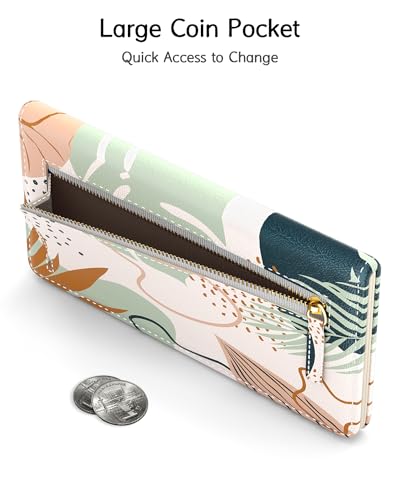 Nipichsha Womens Wallet, RFID Slim Wallets for Women, Thin Ladies Credit Card Holder Purse, Cute Leather Bifold Clutch Billfold with 11 Card Slots & ID Window, Boho Leaves | Long Ladies Billfold, RFID Slim Wallets for Women, Thin Ladies Credit Card Holder