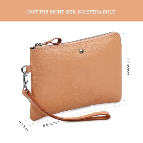 Leather Wristlet Wallet for Women Clutch Handbag Purse with Cell Phone Slot | Genuine Top Grain Leather, 8 Credit Card Slots, Detachable Strap, YKK Zipper, Gifts for Women - color: Peach Nappa