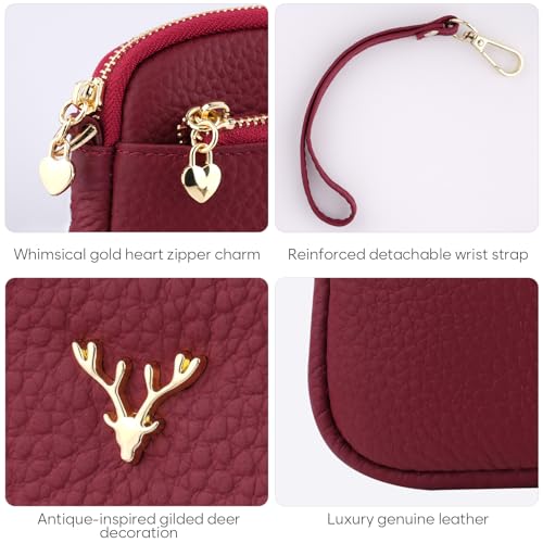 Genuine Leather Wristlet Wallets for Women Clutch Purse with Detachable Strap Slim Phone Wallet for Travel Wedding - color: Red