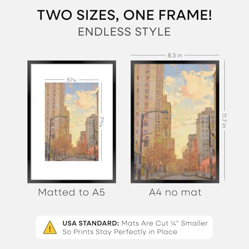 Homeforia A4 Black Picture Frame, High-End Metal, A5 Mat, Glass | High End Aluminum, Tempered Glass, Acid-Free A5 Removable Mat, A4 Edge-to-Edge Display, Wall Kit, Set Of 1 - color: Carbon Black, size: A4