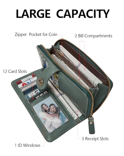 TFKGS Wallet for Women RFID Blocking Leather Large Capacity Card Holder Ladies Phone Clutch Travel Long Purse Wristlet | RFID Blocking - color: 1-Green
