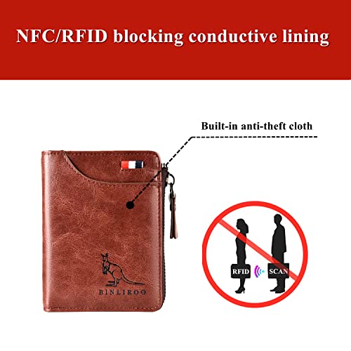 Leather Wallet for Men with Zipper, RFID Blocking Bifold Wallets with Card Holder & Money Clip Cartera Para Hombre(Brown) - color: B3001