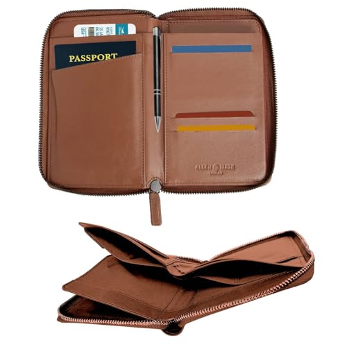 ALLEN & MATE Genuine Leather Passport Holder for Travel, RFID Blocking Travel Wallet Fits 2 Passports and 12 Cards, Zippered Document Organizer with SIM Slot and Pen Loop for Men and Women - color: Tan