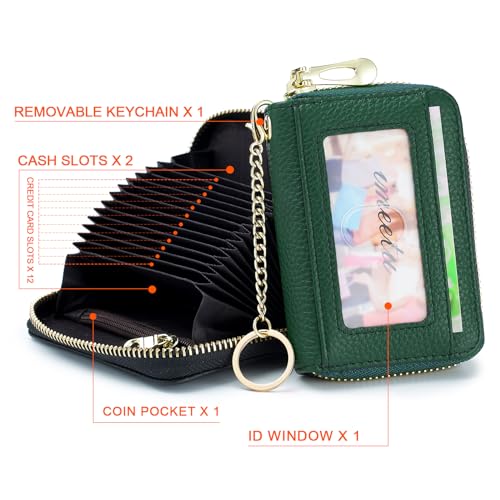 imeetu RFID Credit Card Holder, Small Card Wallet Women, Leather Card Case | Genuine Leather Women's Card & id Cases, Change Coin Purse with Zipper Keychain id Window, 20 Colors & 3 Styles, Daily, Gifts - color: Pro - Olive Green, size: Pro