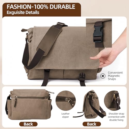 Messenger Bag for men Laptop Bag UnisexRetro Canvas Bag14-15.6 inches Casual single shoulder bag For Work College Travel - color: Brown