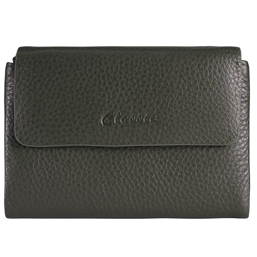 Women's Bifold Wallet, Genuine Leather, Magnetic, ID Window | Holds 10+ Cards, 2 Zip Coin Pockets, Pebbled Cowhide, Snap Closure, Large Capacity, Multiple Colors, Compact 5.5x3.9in - color: B-Dark Olive