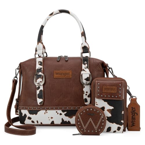 Wrangler 3Pcs Doctor Bag Sets for Women Top-handle Satchel Bag with Cell Phone Handbag and Coin Purse - color: Brown Cow Print