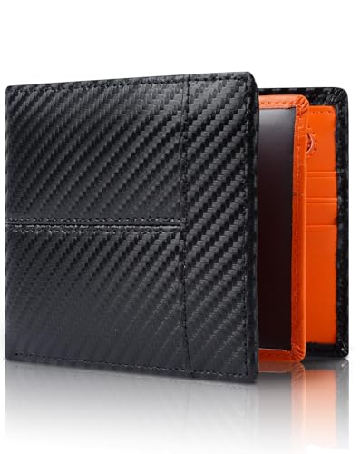 Swallowmall Wallet for Men RFID Blocking Genuine Leather Mens Wallets Bifold with 1 ID Window 15 Card Slots black stripe orange - color: black stripe orange