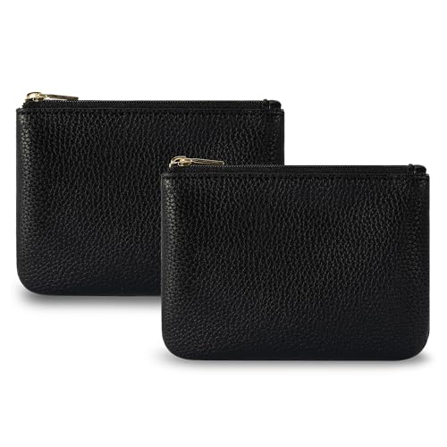 Chelmon PU Leather Coin Purse Pouch Change Holder Small With Zipper for Men Women 2 PCS Set (Black&Black) - color: Black&Black