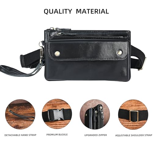 Water Resistant Canvas + Leather Hiking Riding Travel Fanny Waist Pack Small Phone Pouch For Men Women FB811-29 (100% Leather-The 8136 Black) - color: 100% Leather-The 8136 Black