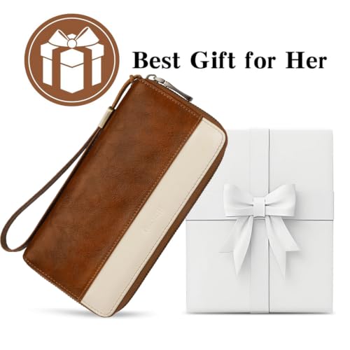Real Leather Wristlet Wallet Women With RFID Blocking(brownwhite) - color: a7-darkbrown white
