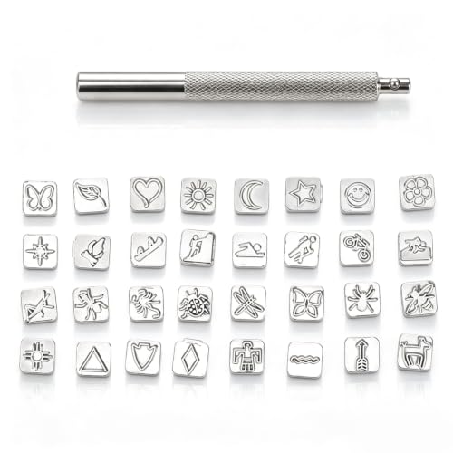 32PCS Animal Design Metal Stamps, Leather Different Shape Punch Set DIY Plant Craft Stamping Tool Kit for Jewelry Leather Supplies