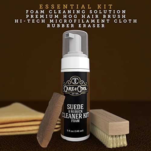 Care & Cool Suede & Nubuck Foam Cleaner Kit, Hog Brush, Eraser & Cloth | Penetrates Pores to Lift Dirt & Grime, Preserves Natural Look & Texture, No Harsh Chemicals, For Leather, Canvas & Knitwear - style: Foam Kit