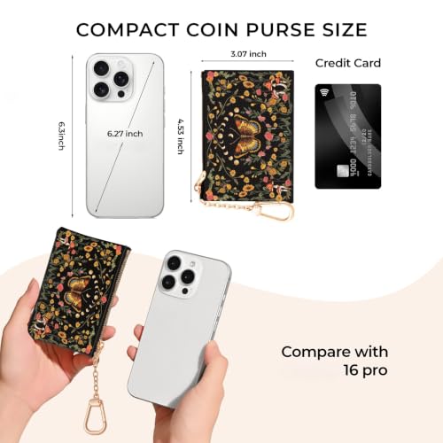 Butterfly Moon Keychain Coin Purse for Women, Small Change Pouch | Mushroom Floral Key Chain Purse, Tiny Zipper Pocket, PU Leather, Travel Wallet for Girls, Coin Holder, Key Ring, Women Gifts - color: Butterfly Moon