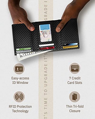 Trifold Wallets for Men - Slim RFID Blocking Wallet for Securing Personal Data - Front Pocket Friendly Genuine Leather Wallet - Mens Wallets Trifold with ID Window - Tri Fold Wallet Gifts for Men - color: Black Carbon Fiber