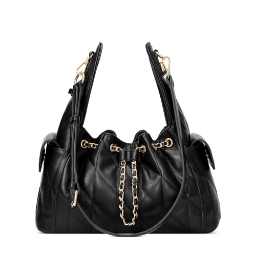 CLUCI Quilted Leather Handbag, Soft Tote Bags for Women with Adjustable Strap, Crumpled Shoulder Purse Tabby Slouchy Hobo Bag - color: Black